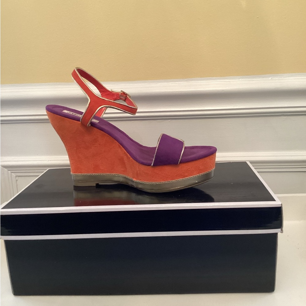 Jennifer Lopez Purple Orange and Gold Suede Wedge. Get your sexy on!